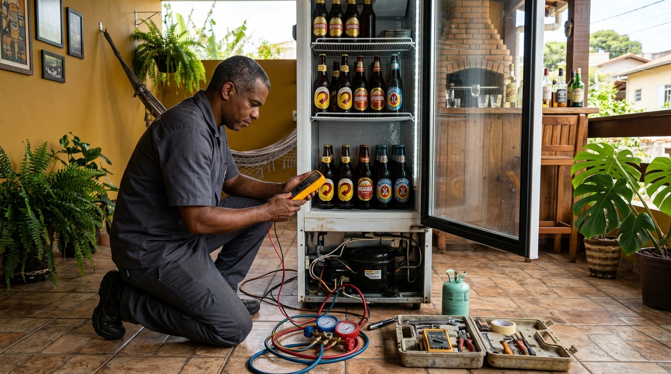 Placa eletrônica de cervejeira em reparo na bancada em Florianópolis‑SC
