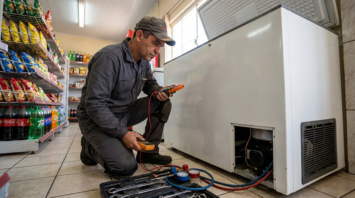 Reparo da placa eletrônica de um freezer em atendimento em Florianópolis‑SC