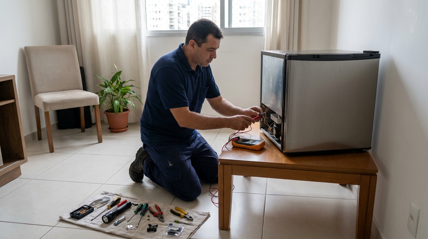 Técnico revisando o motor de um frigobar em Florianópolis‑SC