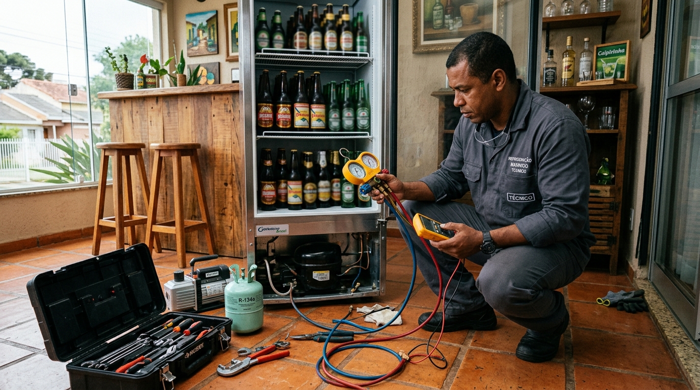 Técnico conferindo a temperatura de uma cervejeira durante atendimento em Florianópolis‑SC